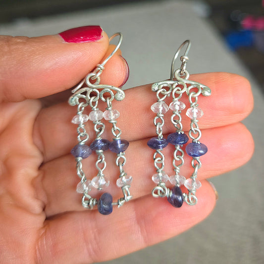 Iolite and Clear Quartz Chandelier Earrings