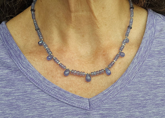Faceted Tanzanite Briolette and Iolite Beaded Necklace
