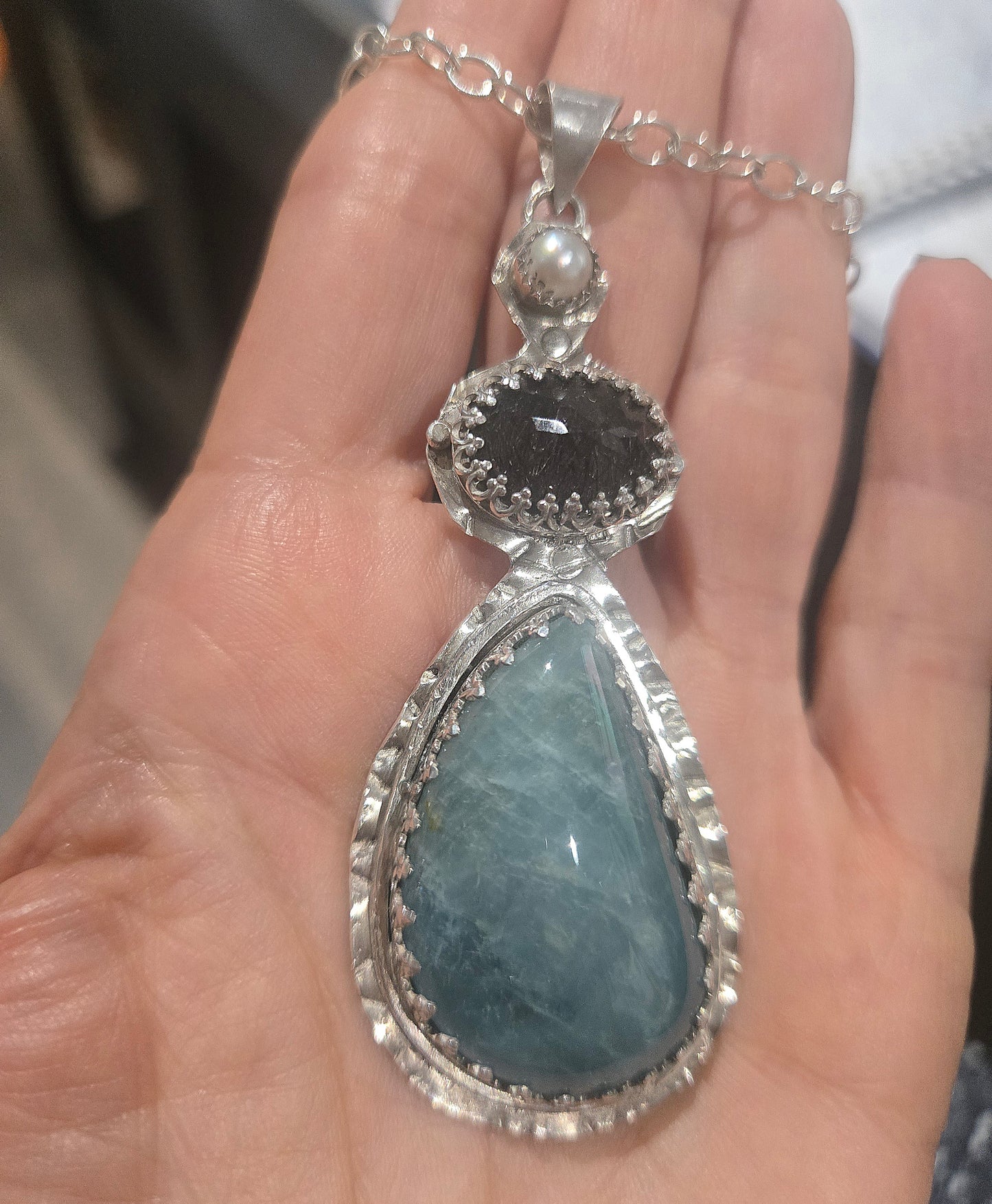 Aquamarine, Pearl, and Black Tourmalated Quartz Pendant Necklace
