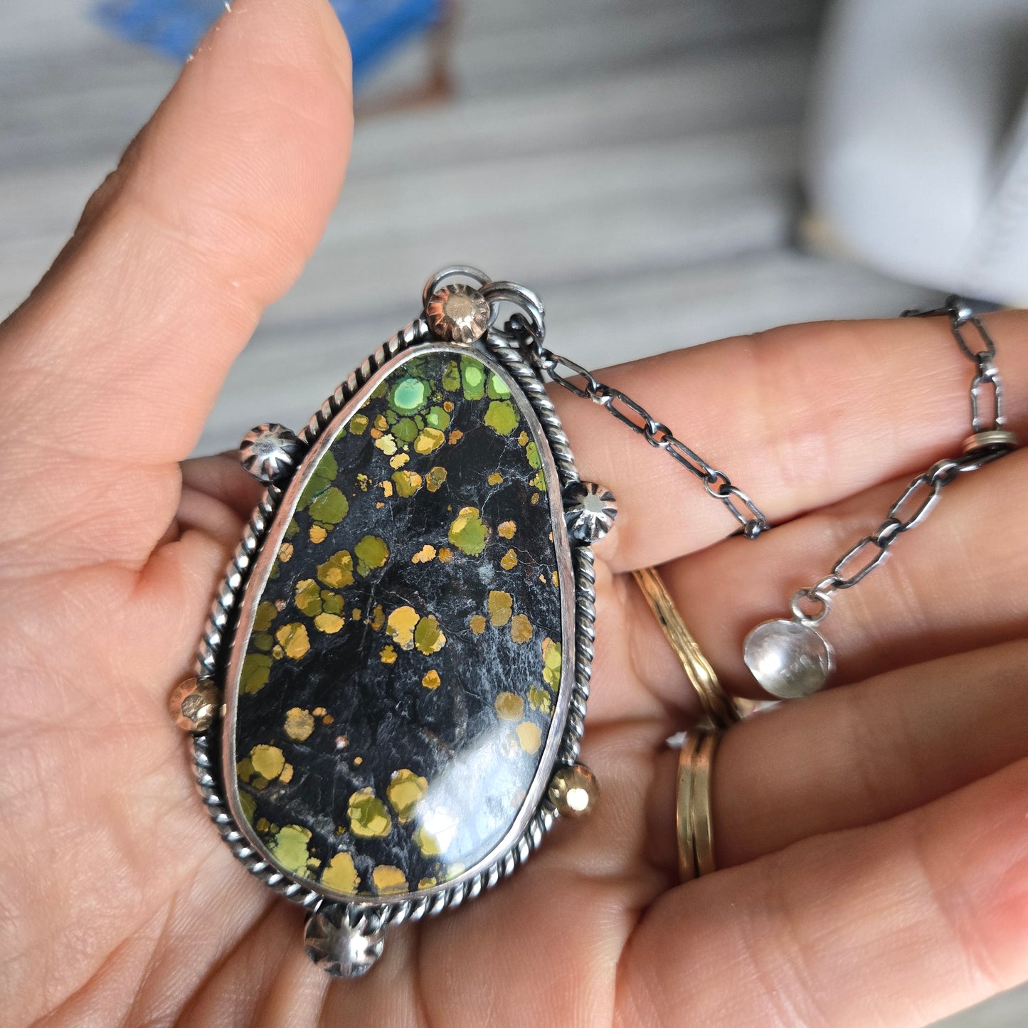 Rare Blackjack Turquoise Pendant Necklace: Sterling Silver and 18kt Gold, Statement Mixed Metal