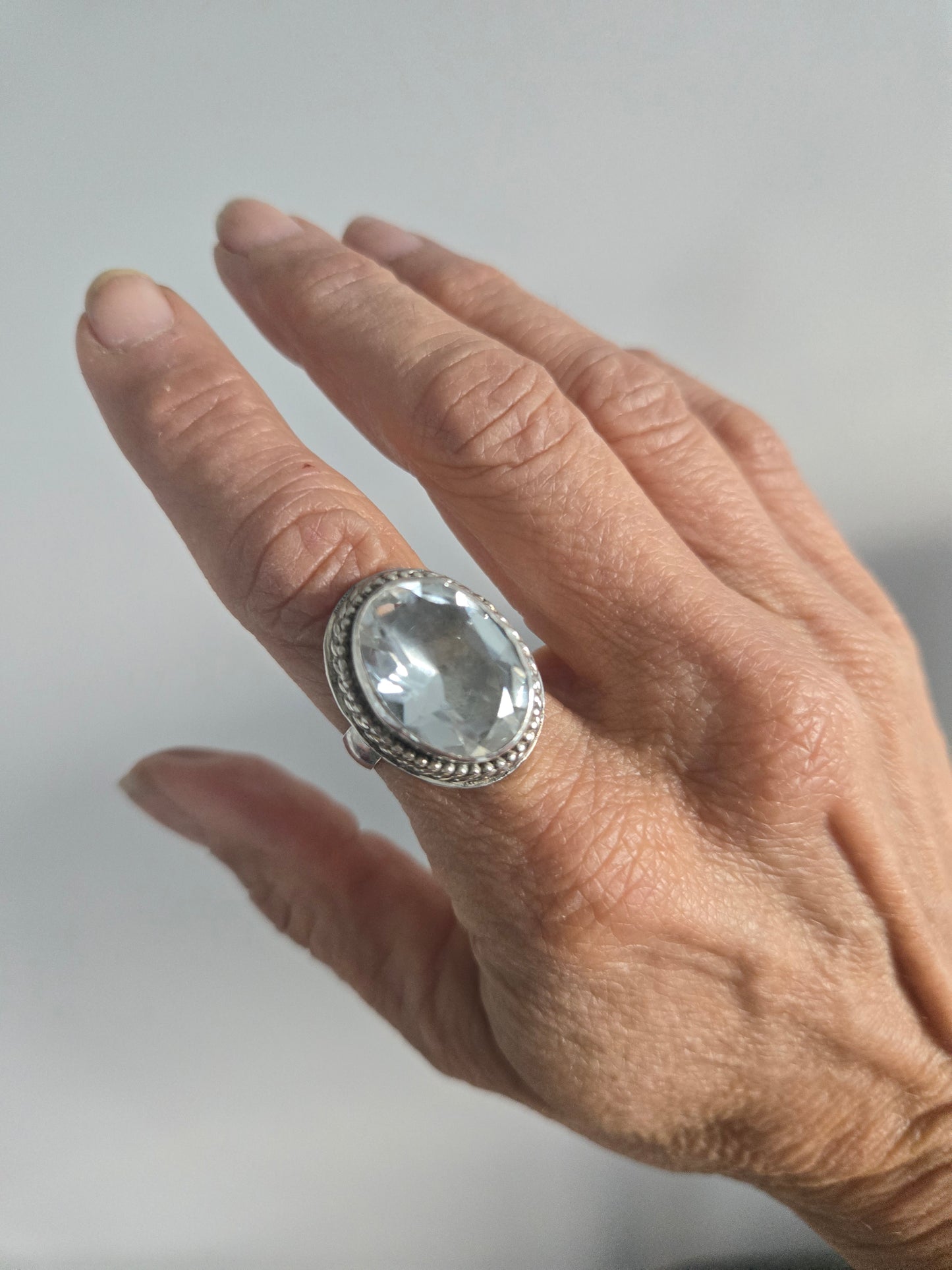 Faceted Rock Crystal Sterling Silver Ring