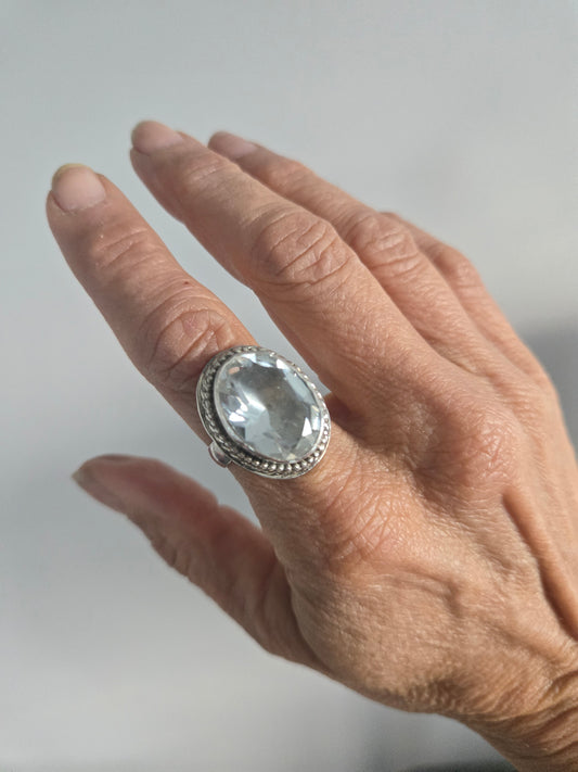 Faceted Rock Crystal Sterling Silver Ring