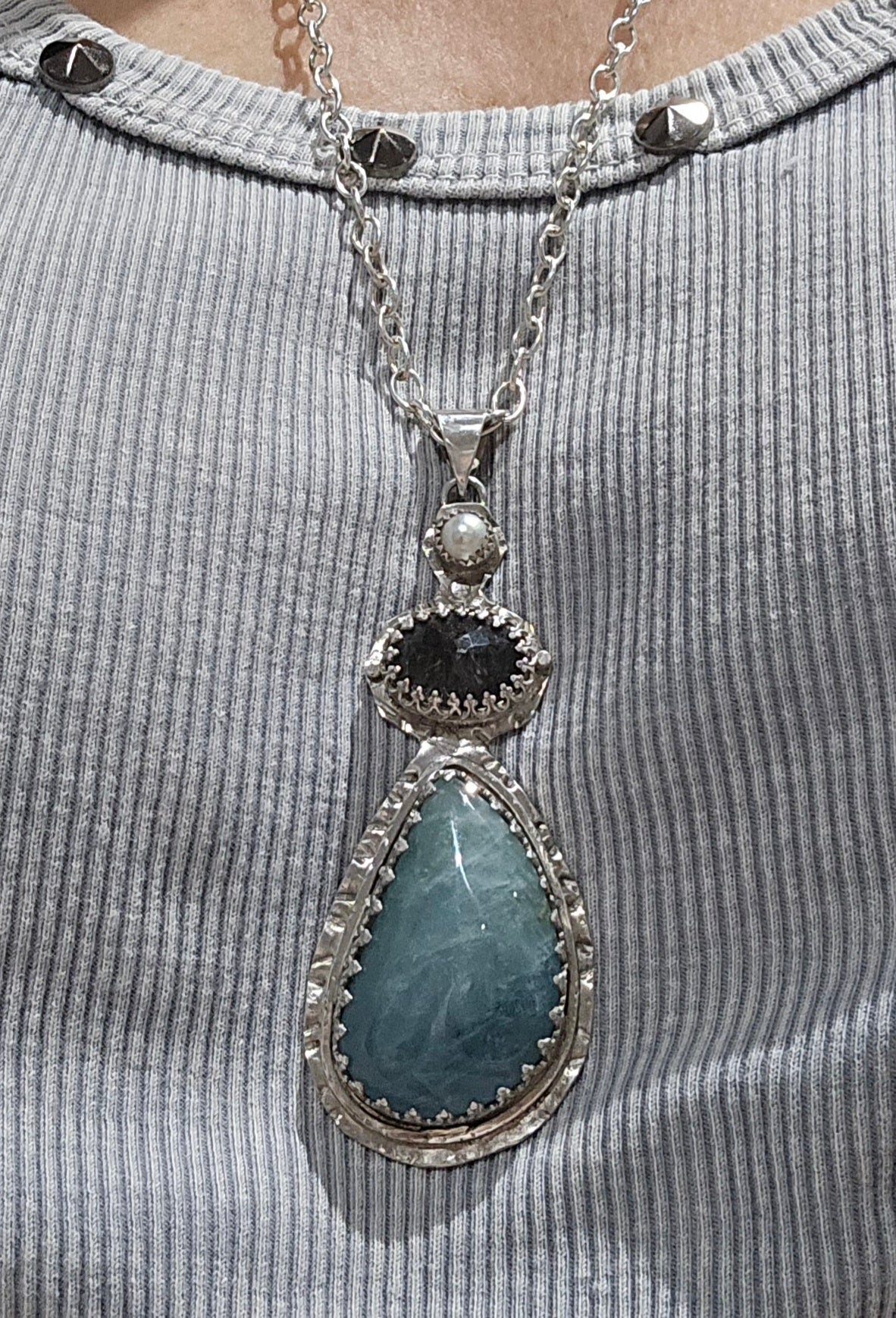 Aquamarine, Pearl, and Black Tourmalated Quartz Pendant Necklace