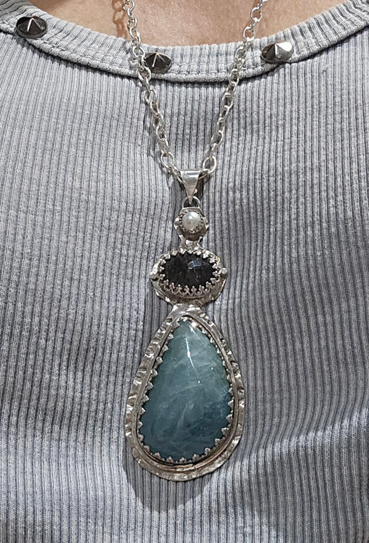 Aquamarine, Pearl, and Black Tourmalated Quartz Pendant Necklace