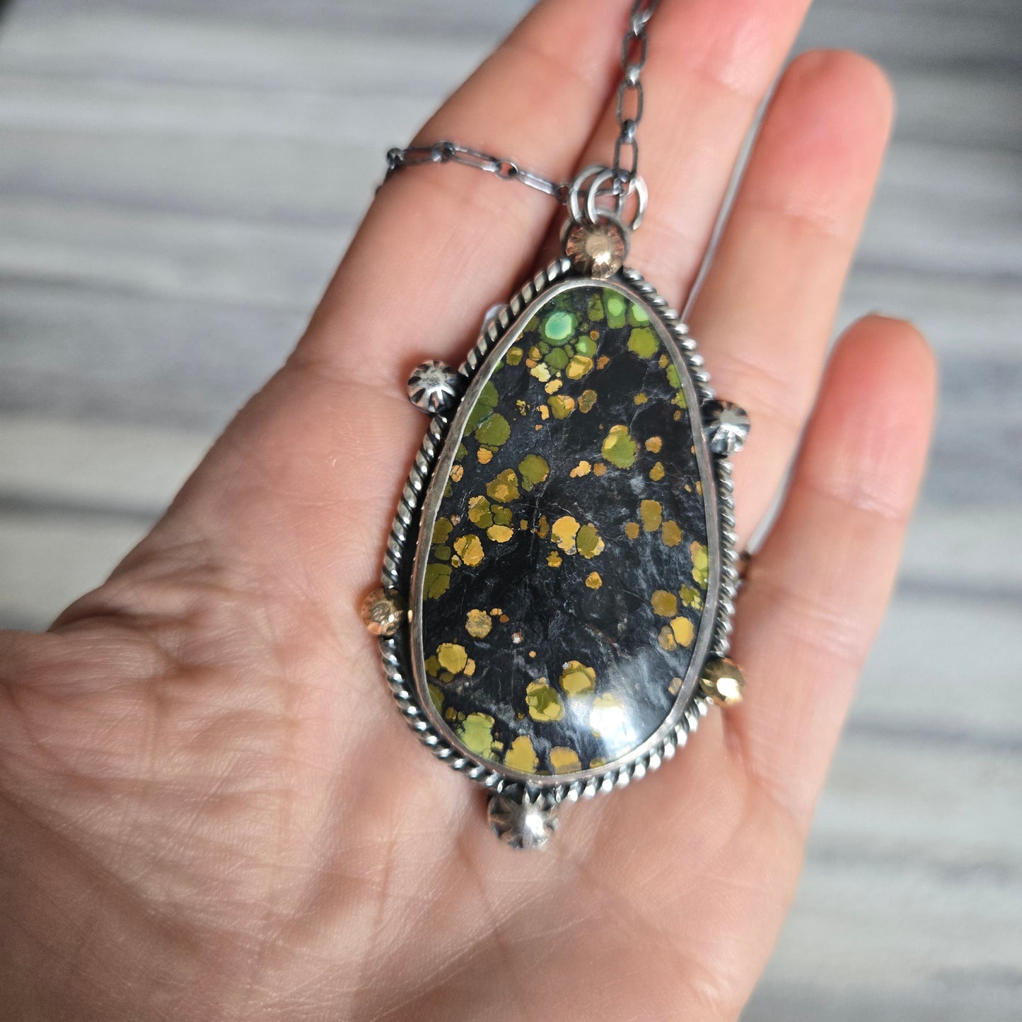 Rare Blackjack Turquoise Pendant Necklace: Sterling Silver and 18kt Gold, Statement Mixed Metal