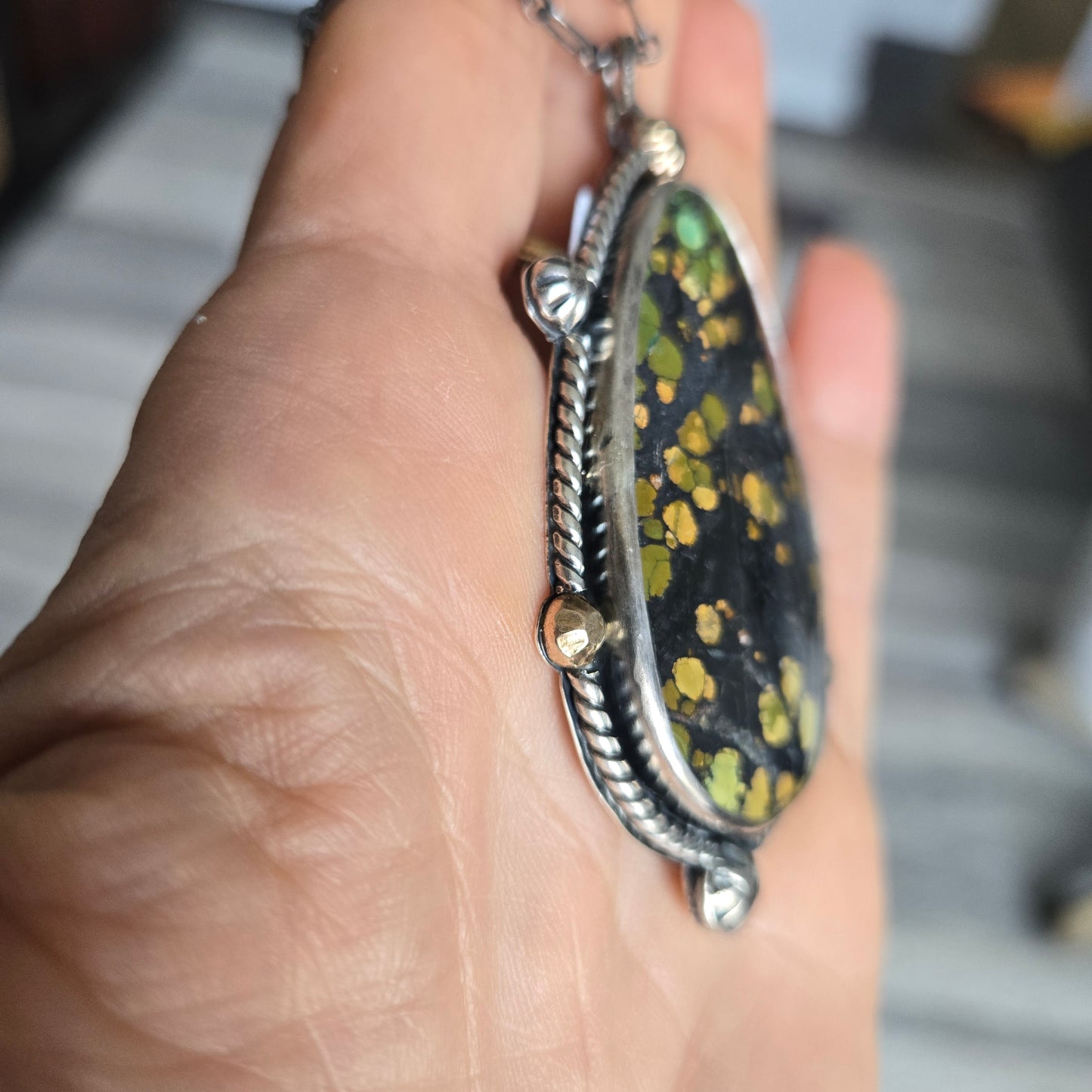 Rare Blackjack Turquoise Pendant Necklace: Sterling Silver and 18kt Gold, Statement Mixed Metal