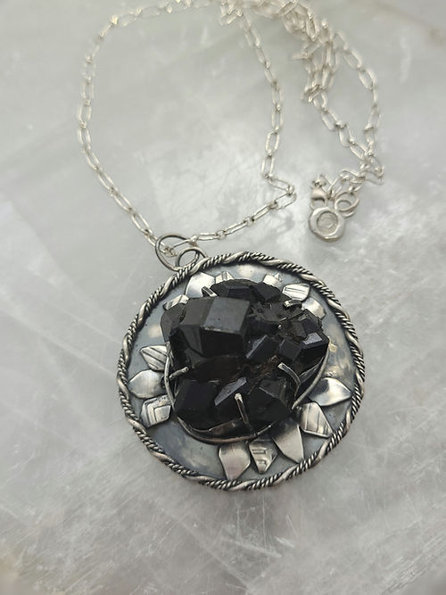 raw black garnet sterling silver pendant necklace