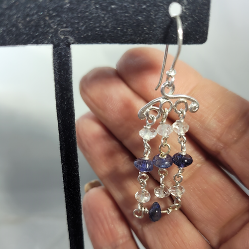 iolite and clear quartz chandelier earrings