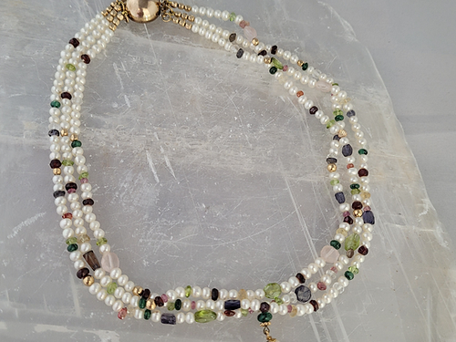 triple strand pearl and multi-gem necklace