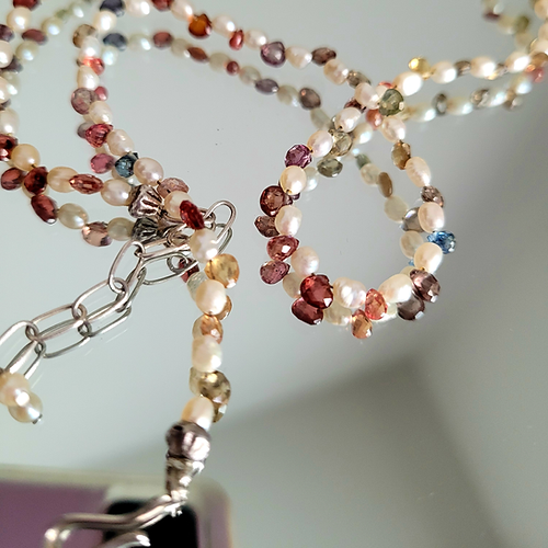 freshwater pearl and multi-color faceted sapphire briolette necklace