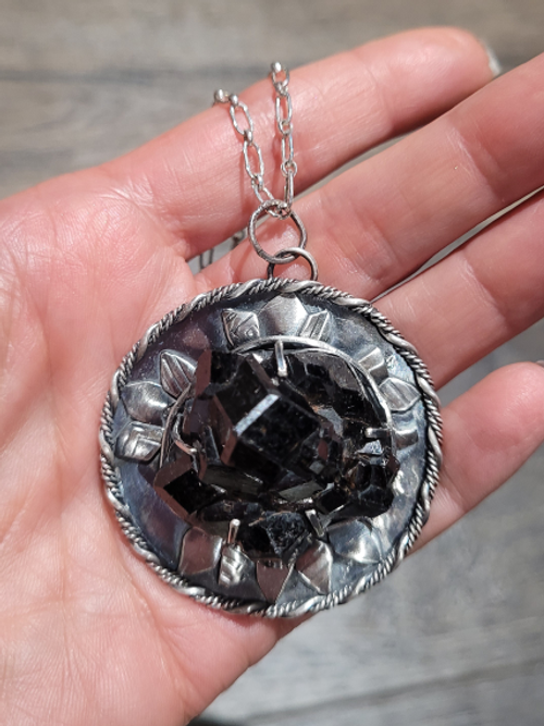 raw black garnet sterling silver pendant necklace