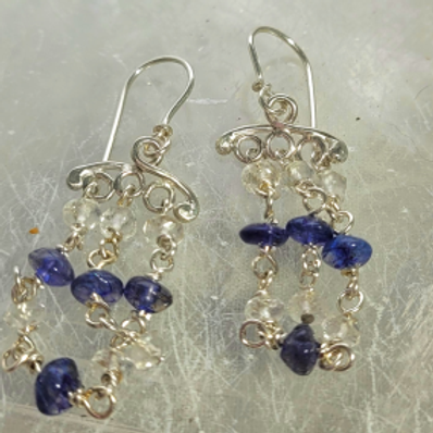 iolite and clear quartz chandelier earrings