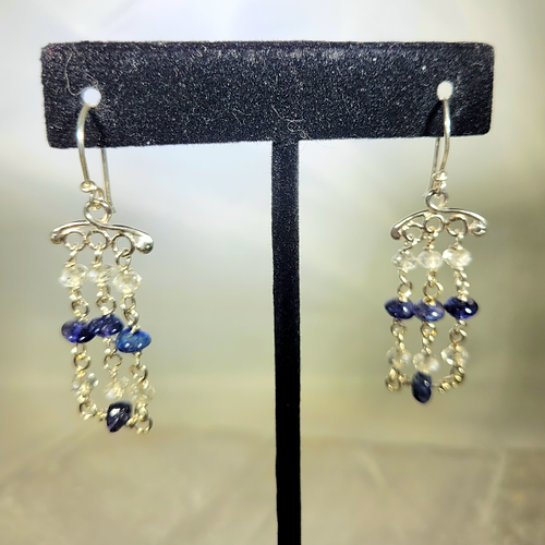 iolite and clear quartz chandelier earrings