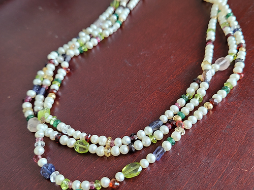 triple strand pearl and multi-gem necklace